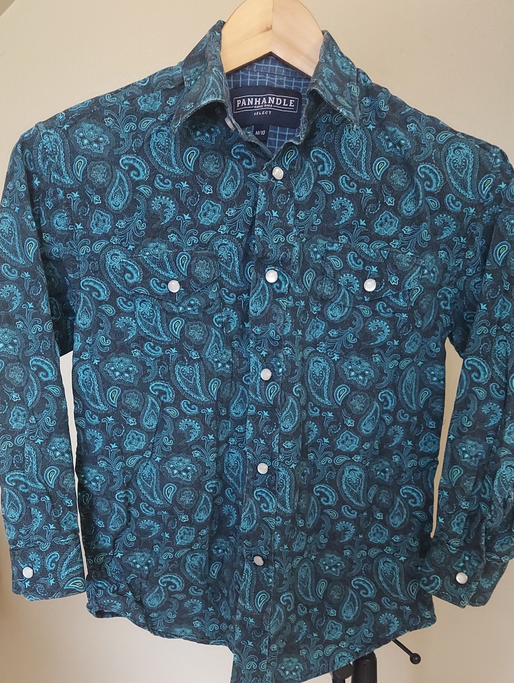Panhandle Boy's Teal Black Paisley Western Long Sleeve Pearl Snap Shirt Sz M/10